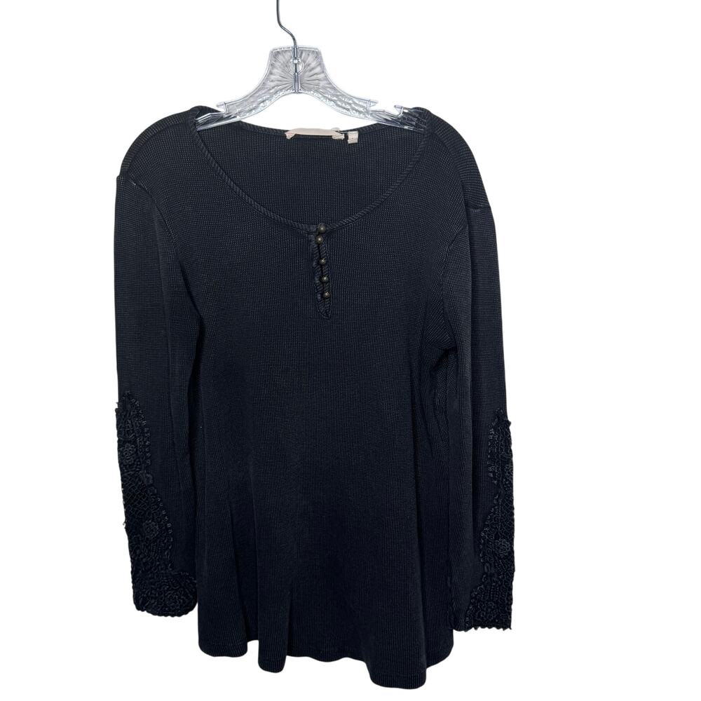 Soft Surroundings Black Lace‎ Sleeve Thermal Henley Top Size M Boho Festival